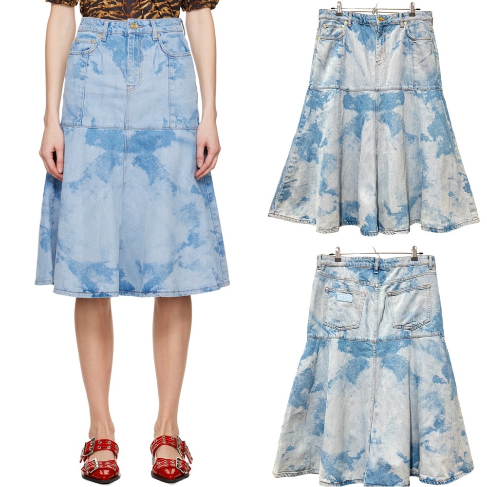 GANNI Flared Denim Midi Skirt Acid Wash A-Line Size 34 XL Blue Pockets Trendy